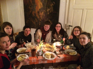 Our international group all enjoying Haggis, tatties and neeps!