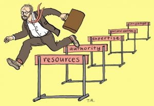 Man jumping over hurdles with power words (resources, authority etc)