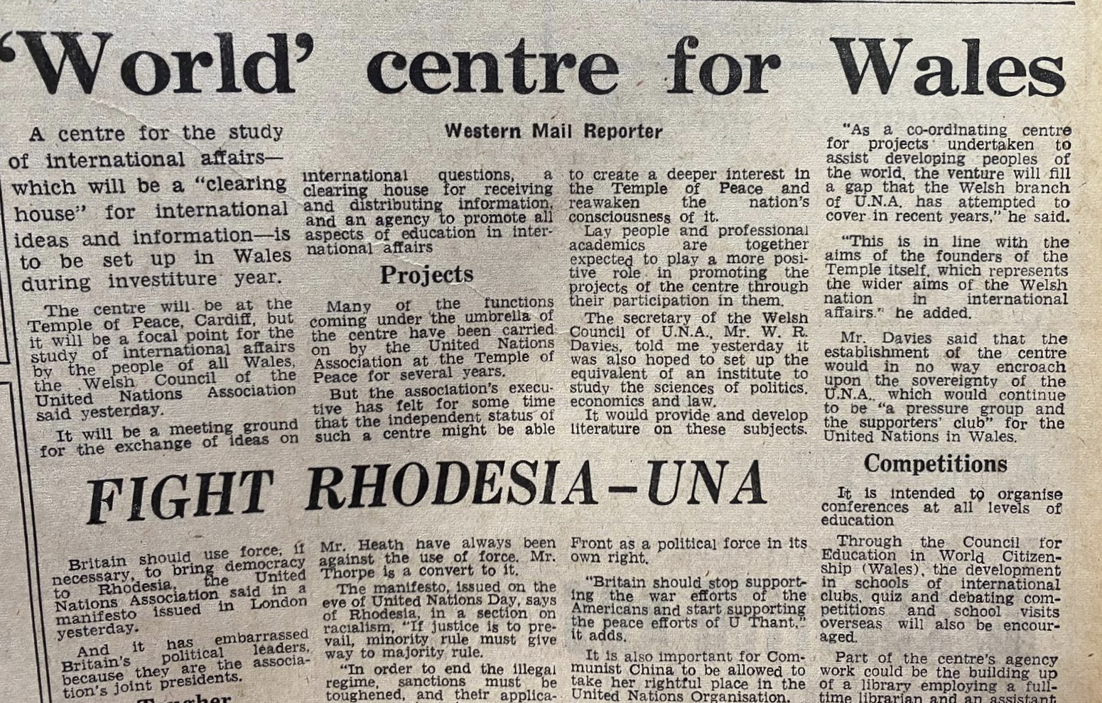 1968 Western Mail Editorial 'A World Centre for Wales'